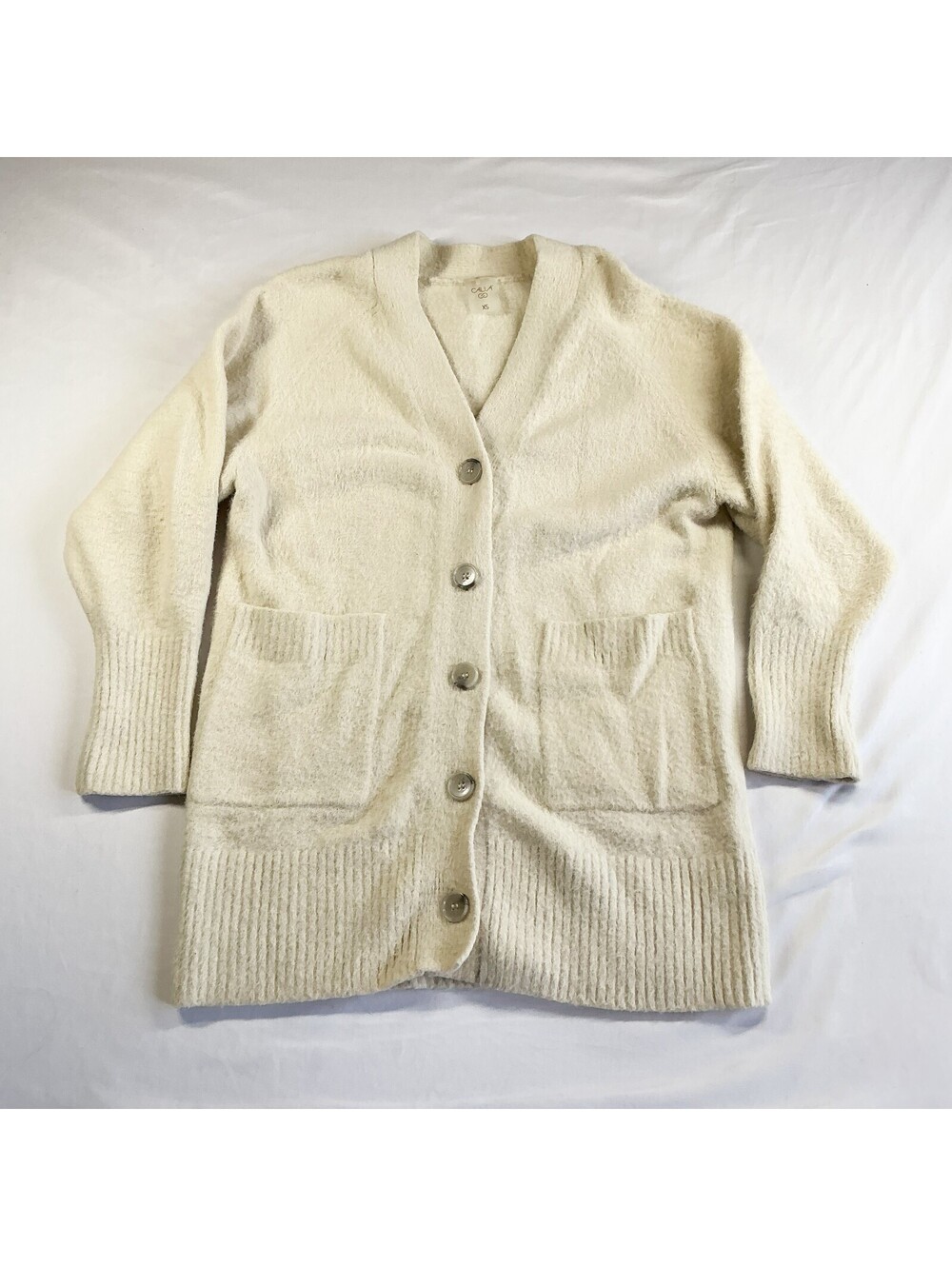 Calia Soft Cream Cozy Button Front Fuzzy Knit Cardigan Winter Sweater XS